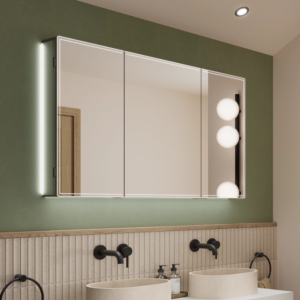 Lifestyle image of the hib. Isoe 1200mm x 700mm Charging LED Mirror Cabinet mounted above two round countertop basins